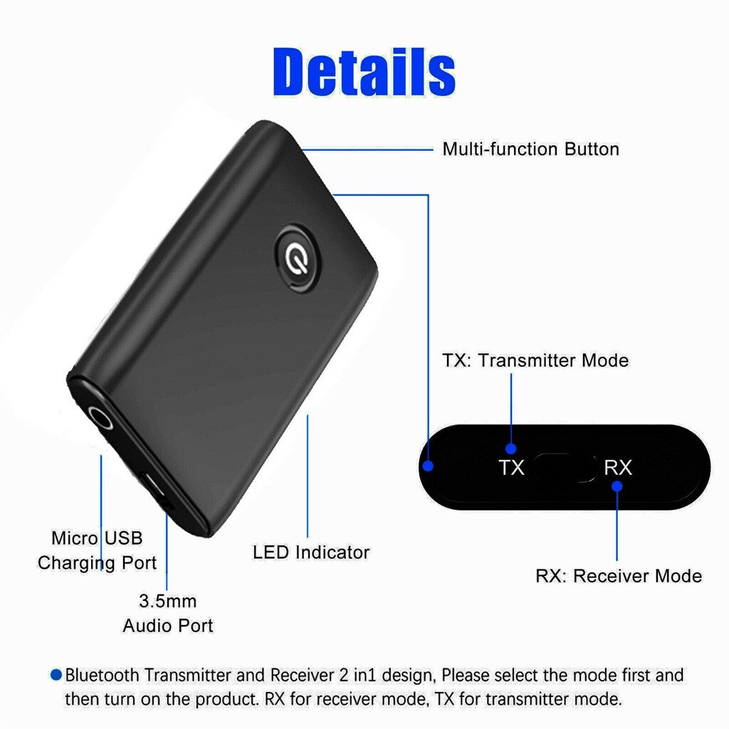 Bluetooth 5.0 Transmitter and Receiver 2-in-1 Wireless Audio Aux 3.5mm Adapter with Bluetooth receive and Bluetooth transmit