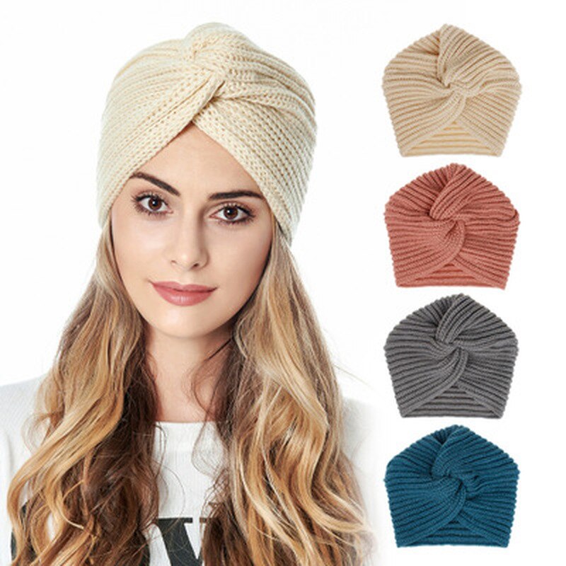 Women's Knitted Turban Hats Turban Cashmere Cross Wrap Head Hat Skullies & Beanies for Women Wool Knitting Bonnet Turbante Cap