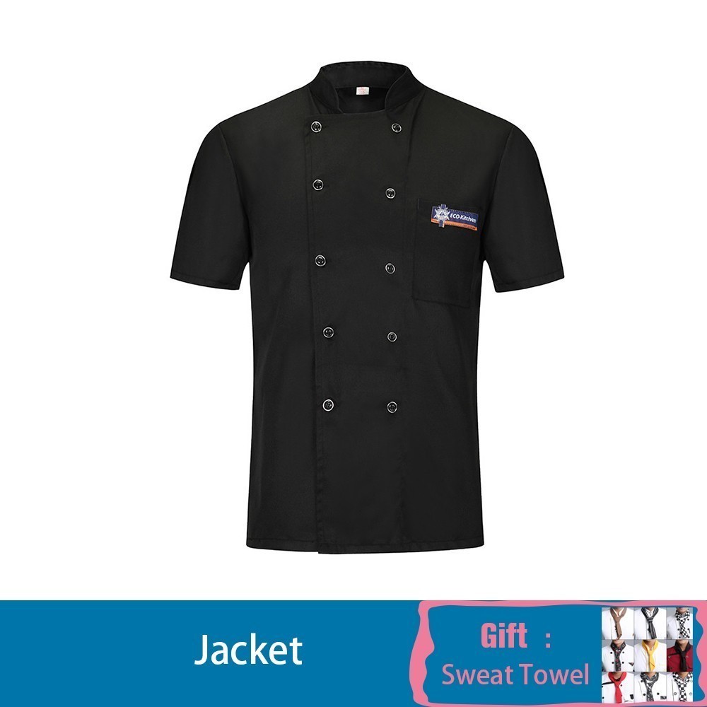 Chaqueta de Chef con pañuelo de cocinero gratis, uniforme de camarero, ropa de trabajo de manga corta, Catering, camisa de cocinero, cocina, café, monos de Hotel: Black / XXXL