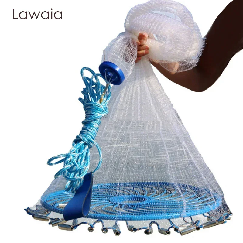 Lawaia diep gat gegoten netto lron stalen hangers hete verkoop visnet blauwe ring Amerikaanse stijl kleine mesh vangst vis gieten netwerk