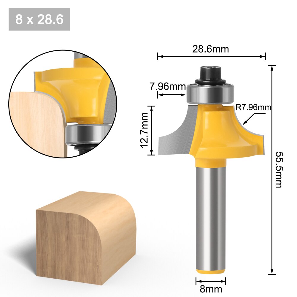1PC 8mm Shank Corner Round Over Edging Wood Router Bit Large 2 Flute Corner Round Cove Box Bit Woodworking Tenon Cutter Tool