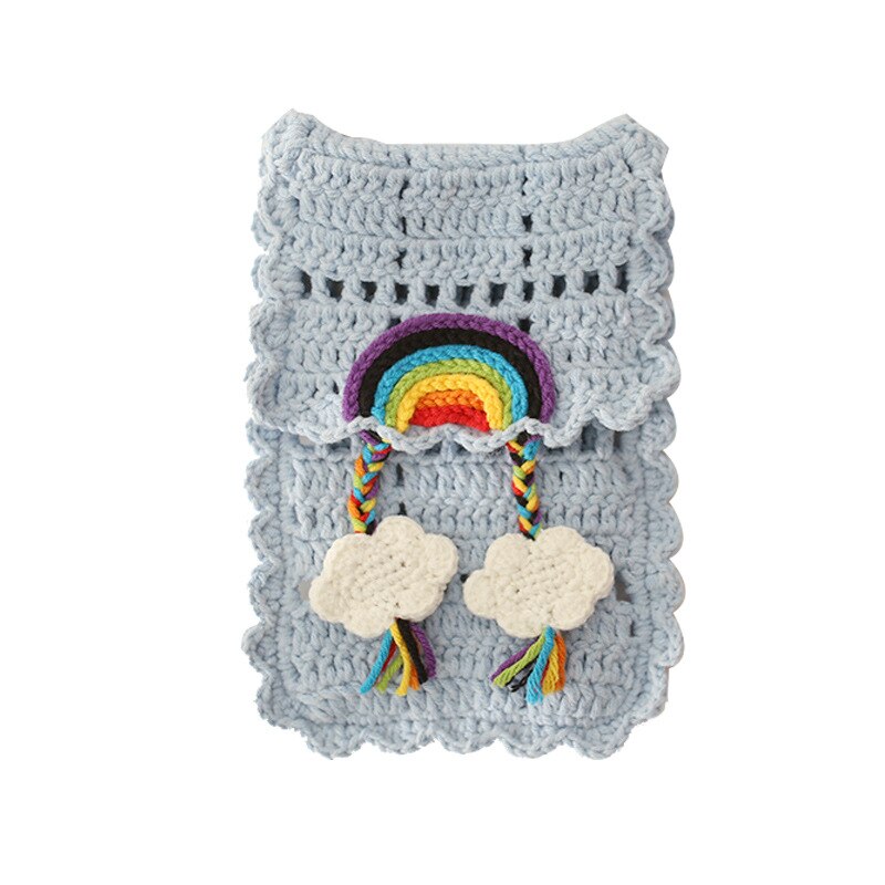 handgefertigt Mädchen Häkeln Strick Blumen- Klappe Schulter Tasche Girly Teenager Kleine Größe Aushöhlen Nette Smartphone Schlinge Umhängetasche: Himmel Blau