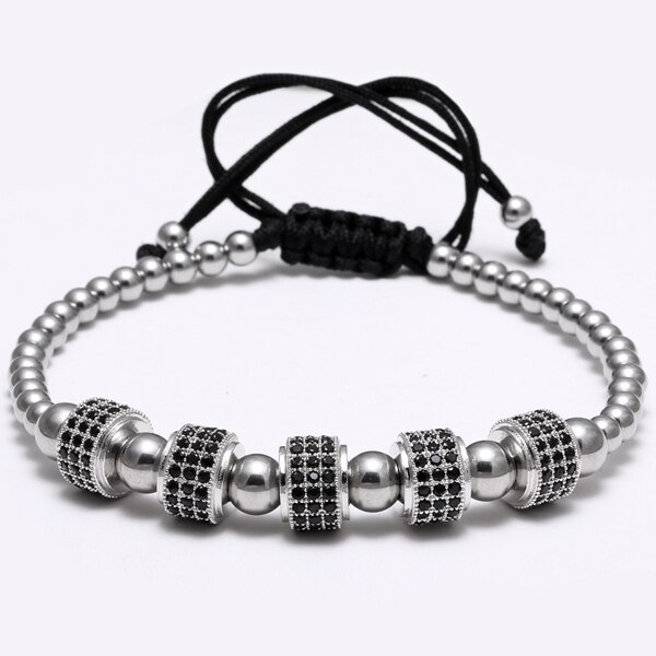 Mcllroy mænd armbånd runde perler micro pave sort cz krystal macrame vævet flettet charme armbånd smykker pulseras mujer moda: 5 zirkon sølv