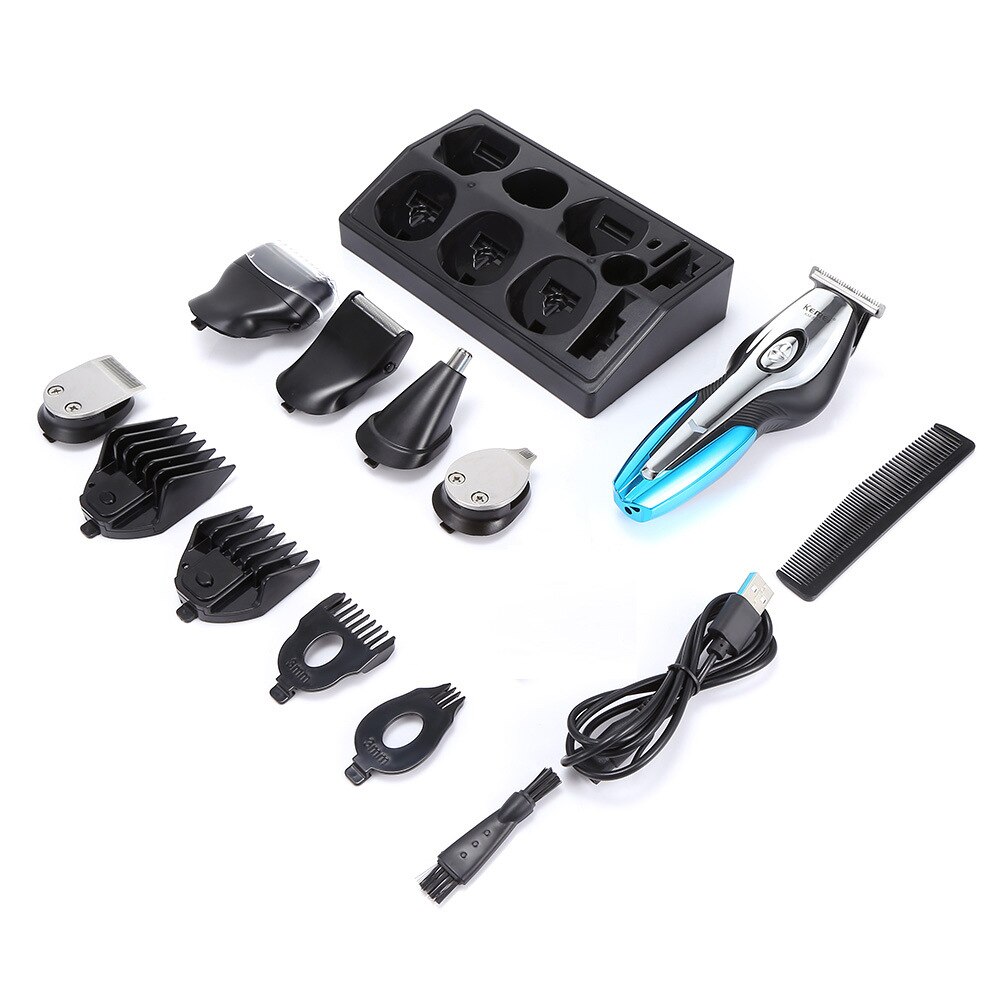 kemei hair trimmer KM-5031 electric hair clipper 11 in 1 haircut machine bald head oil head nose shaver beard razor rechargeable: Blue