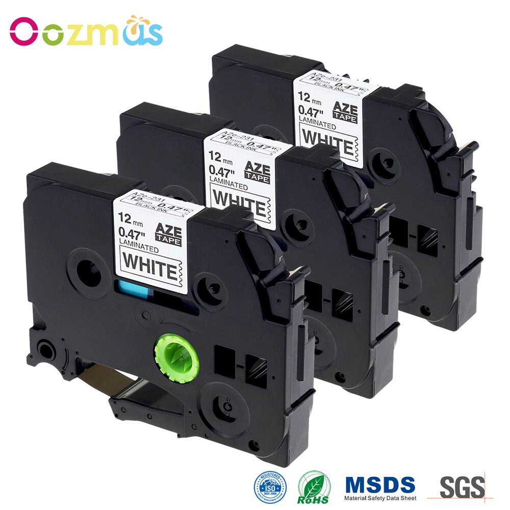 Oozmas 3 stücke tze 231 kompatibel für Brother ptouch tze231 12mm etiketten bänder schwarz auf weiß drucker band wasser beständig