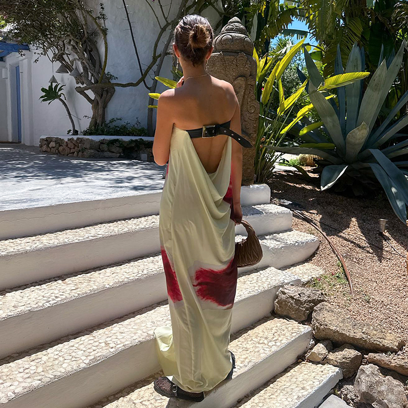 CUTENOVA Sexy Strapless Print Bloemenriem Dames Maxi Jurk Geel Backless Hoge Taille Jurken Zomervakantie Elegante Strandkleding