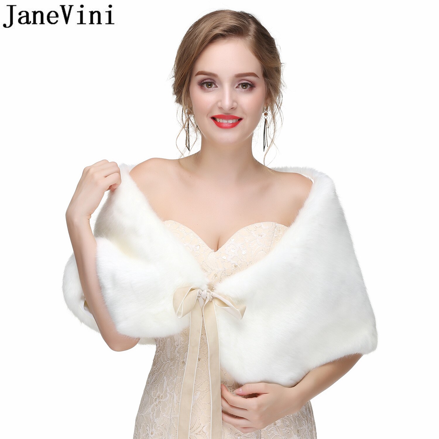 Janevini Elegante Zachte Faux Fur Shawl Vrouwen Bruiloft Capes Bruids Jas Wraps Grijs Lace Up Bont Stola Formele Bolero Fourrure mariage