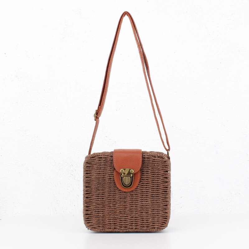 Caja informal de mimbre para mujer, bolso cruzado de mimbre de caramelo tejido para mujer, Bolso pequeño de playa para verano, bolso vintage con solapa bali: coffee