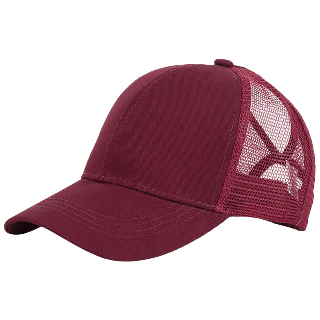 Solid Ponytail Baseball Cap Women Snapback Dad Hat Mesh Trucker Caps Messy Bun Summer Hat Female Adjustable Hip Hop Hats: Burgundy
