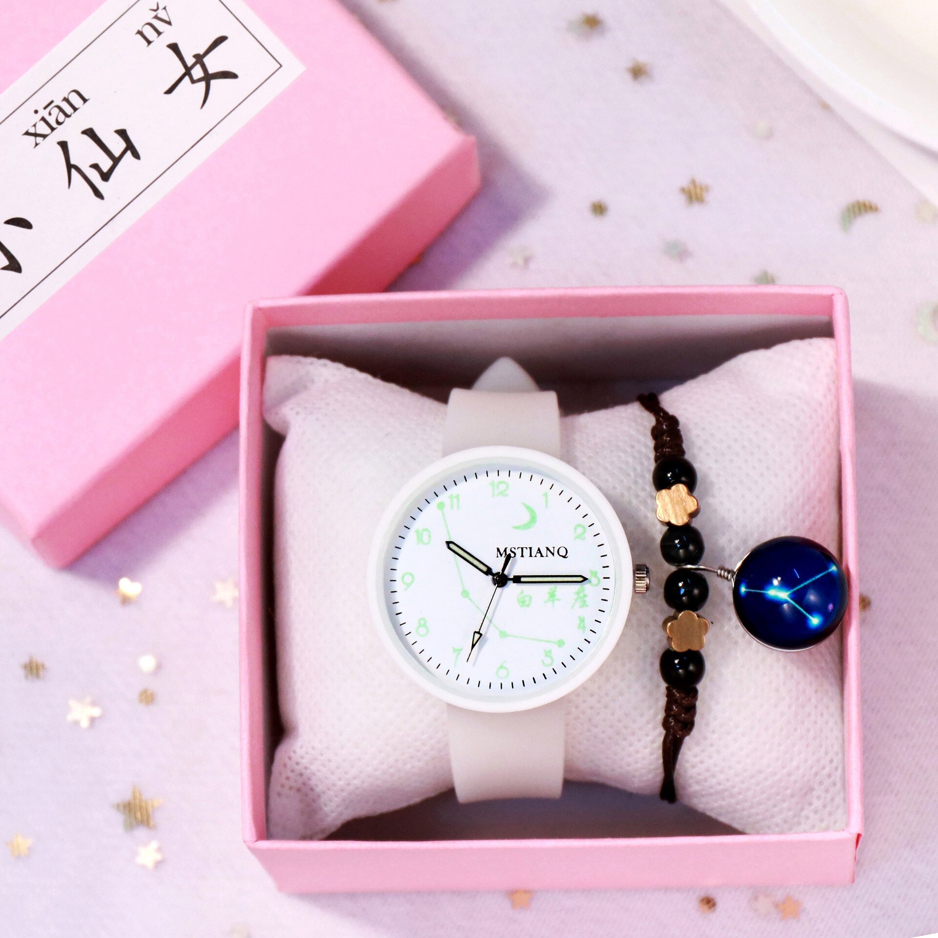 12 sterrenbeelden lichtgevende dameshorloges 1 set armband polshorloges siliconen band quartz horloges relogio feminino: Ram geen doos
