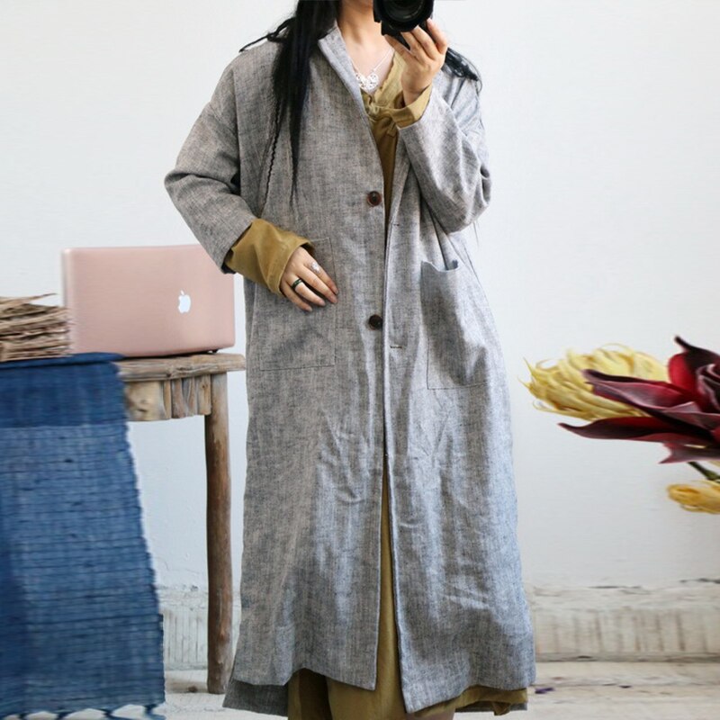 Johnature Women Linen Vintage Trench Coats Loose Turn-down Collar Windbreaker Autumn Gray Plus Size Women Clothes Trench