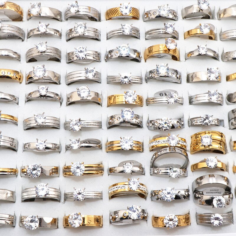 50 stks/partij Mix Stijl Zirkoon Rhinestone Rvs Ringen Wedding Ring Vrouwen Mens Ring