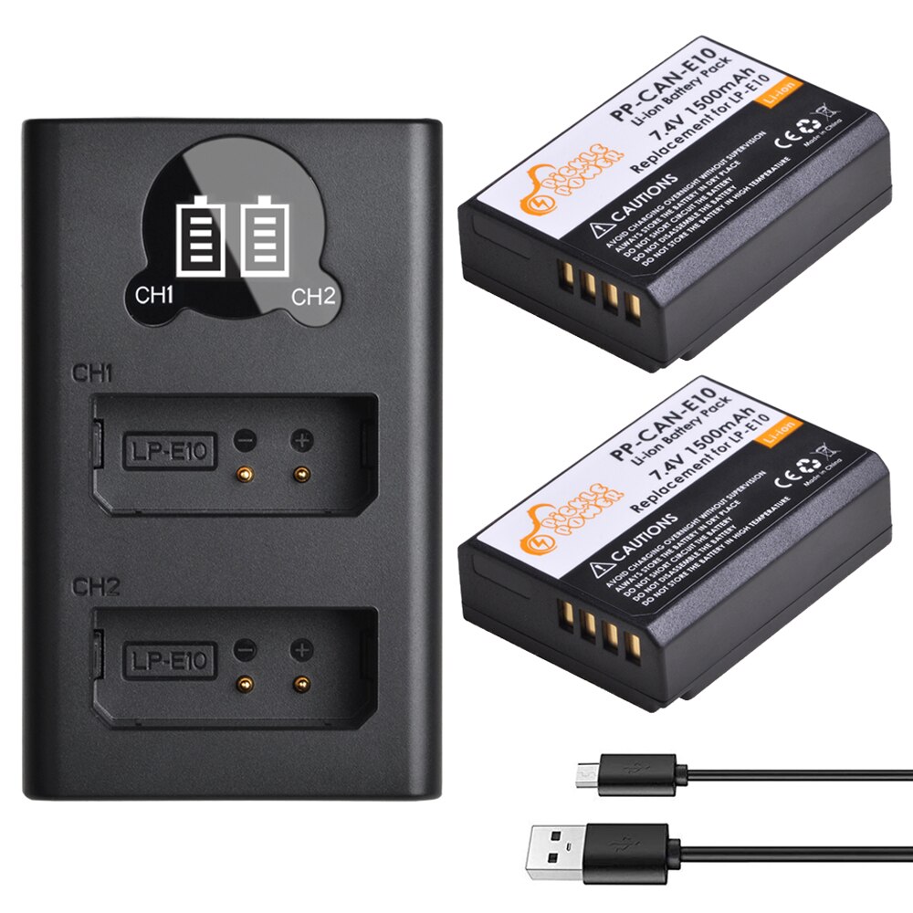 2 uds LP-E10 LP E10 LPE10 de batería de la cámara y Cargador USB LED para Canon 1100D 1200D 1300D 2000D beso X50 X70 rebelde T3 T5.: Charger and 2Battery