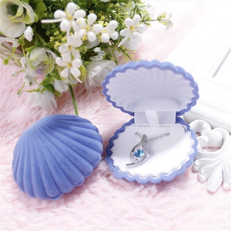 1 Stuk Mooie Fluwelen Schelpen Sieraden Doos Container Wedding Ring Doos Voor Oorbel Ketting Armband Display Box Houder 5 stijl: Shells blue