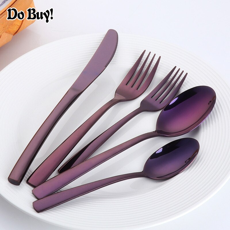 5 Pcs/Set Dinnerware Set Stainless Steel Reusable Utensils Travel Cutlery Spoon Fork Knife Home Tableware: Purple