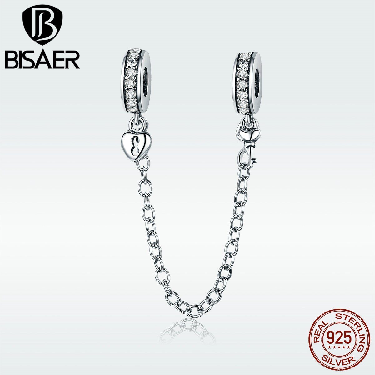 BISAER 925 Sterling Silver Key to Your Heart Dangle Safety Chain Stopper Fit Charm Silver 925 Bracelet Beads & Jewelry Making