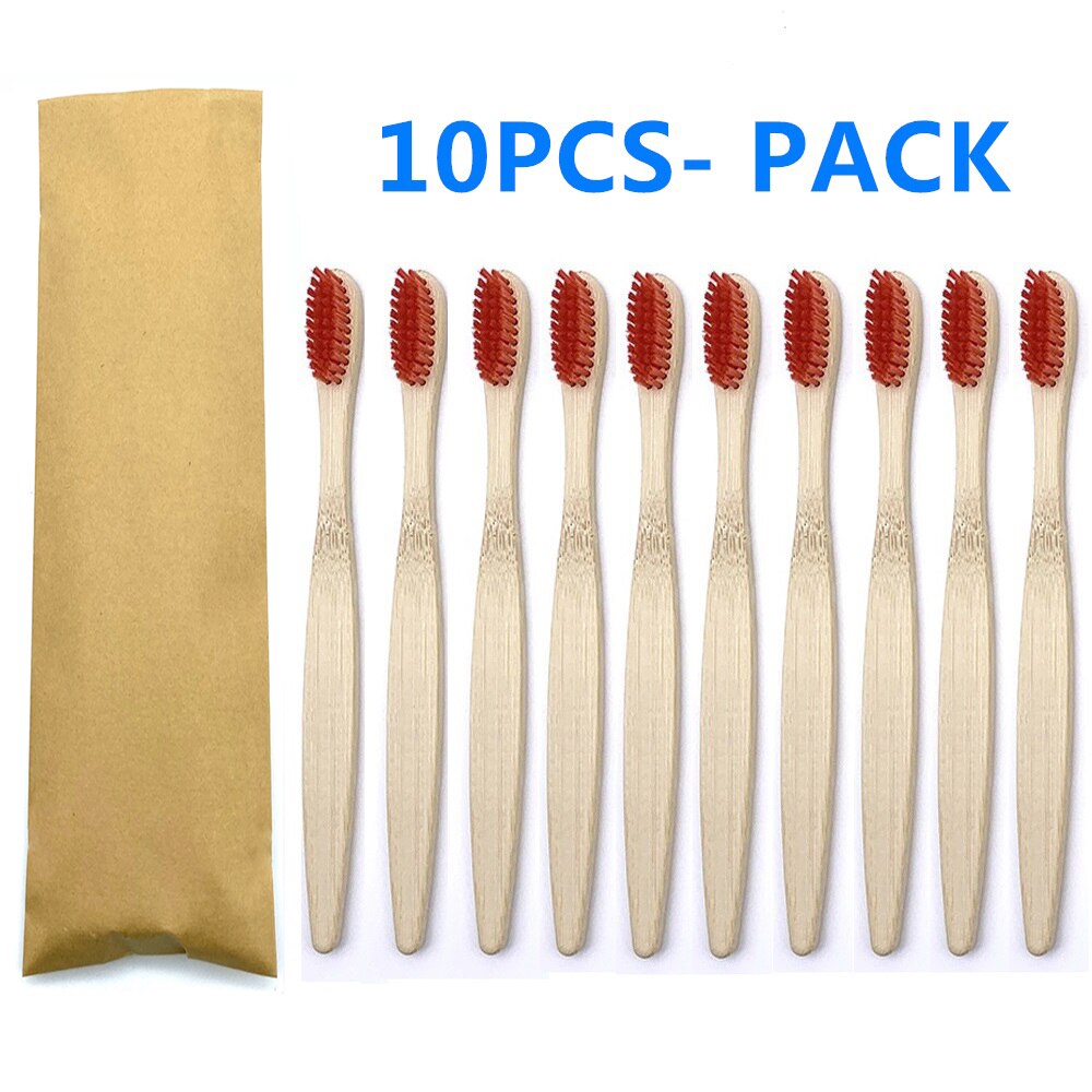 Bamboo Toothbrush Wooden Handle Brush Eco Friendly Tooth Brush Head Cover Oral Care Cleaning Tools Soft Fibre Rainbow Color: 10PCS Red Color