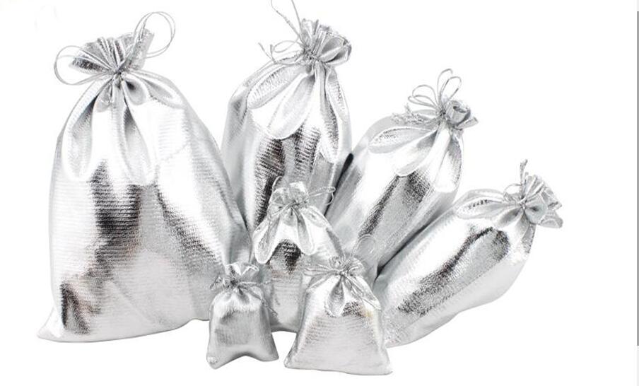 50pcs/lot 11x16 13x18 15x20 17x23cm Golden/Silver Color Drawstring Organza bag Christmas Wedding Jewelry Packaging bags