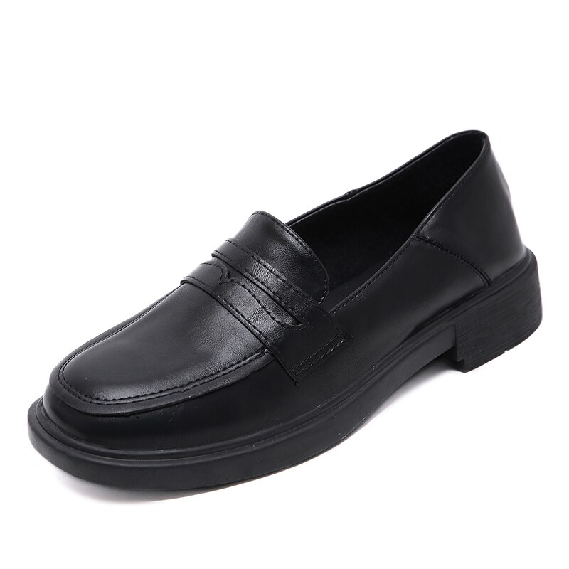 Gdgydh Round Toe Loafers Flats Shoes Woman Spring Summer Female Casual Shoes Black Leather PU Flat Heel: black shoes / 6.5
