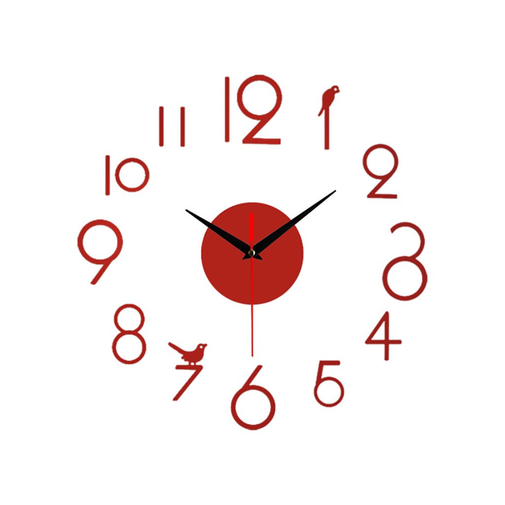 25# Frameless DIY Wall Mute Clock 3D Mirror Surface Sticker Home Office Decor 12-hour Display Wall Clock With Time Mark: Red