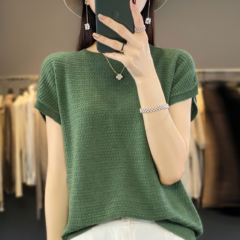Neue Wolle Lyocell Kurzarm T-shirts Pullover frauen Oansatz Batwing Hülse Pullover Weste Sommer Gestrickte Bodenbildung T-shirt