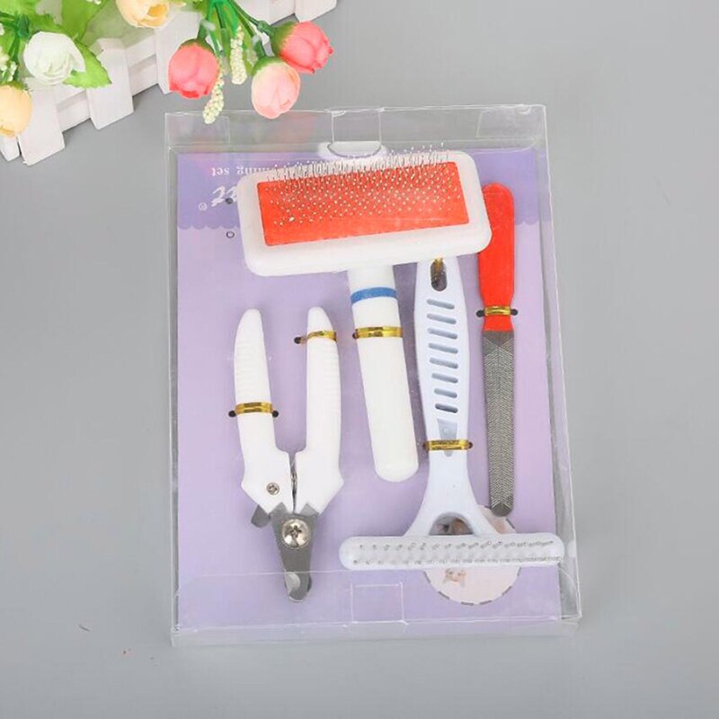 Pet Grooming Tool Set 4 Piece Pet Cleaning Tool Set Dog Comb Brush Nail Clipper Stainless Steel Set Pet Products