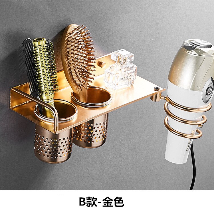 Gold Hair Dryer Holder Space Aluminium Bathroom Wall Shelf Hair Dryer Rack with Basket bathroom shelves Bathroom Accessories: E-glod