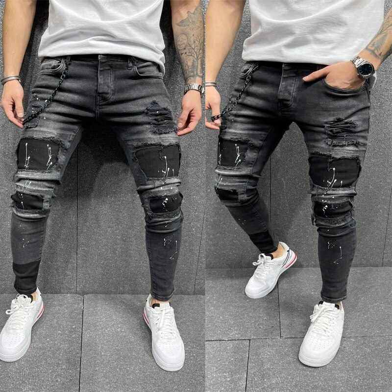 Men Ripped Skinny Jeans Male Hole Denim Pants Four Seasons Streetwear Cowboy Trousers Black Dating Hip-Hop Pants