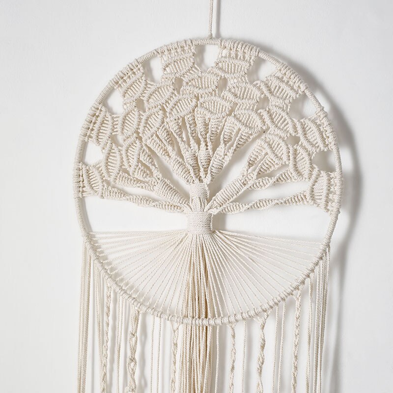 Livets träd drömfångare boho beige tofsar makrame hantverk handgjorda vägghängande bröllop hem sovrum dekoration drömfångare