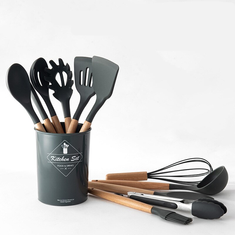 Køkkensæt premium silikone køkkenredskaber 10- stykke køkkenredskaber sæt med bambus træ håndtag til nonstick køkkengrej værktøj