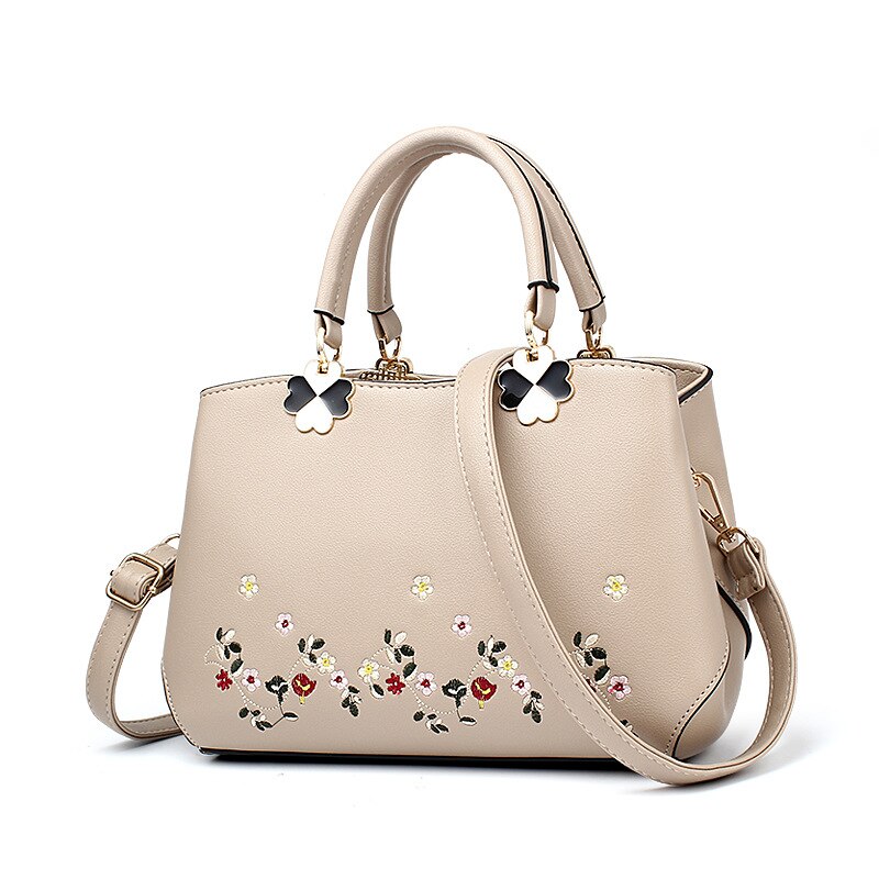 Women Bag Women Leather Handbag Women Shoulder Bag Crossbody Handbag Big Boston Flower Embroideried Rivets Chinese Style: Khaki