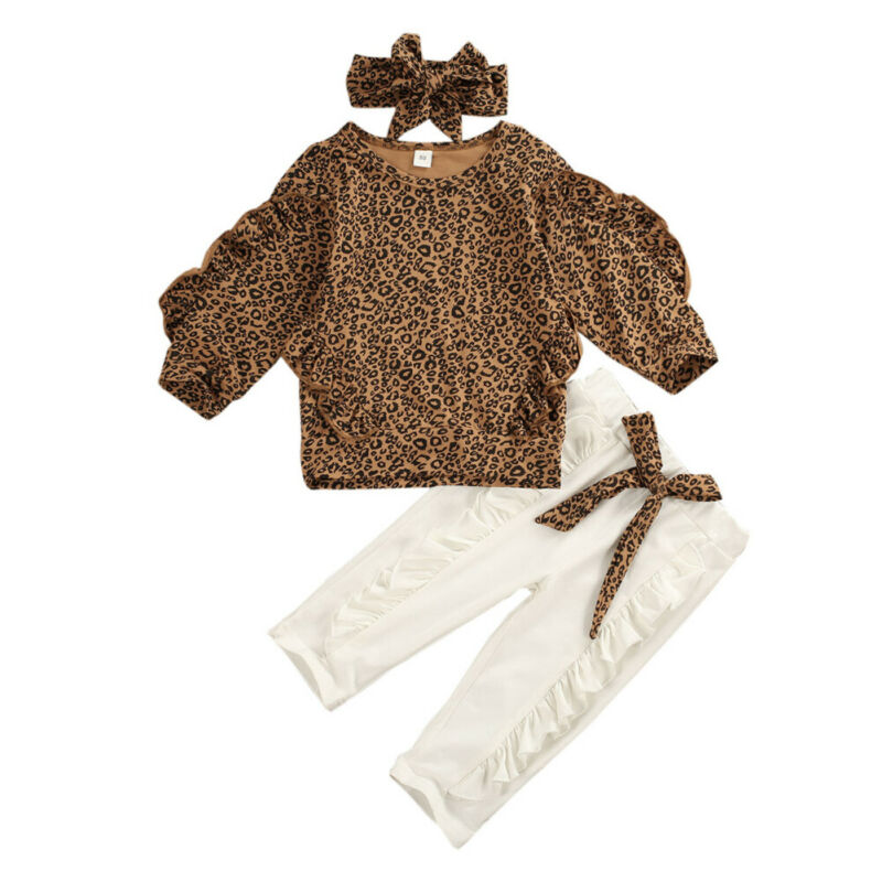 Efterår barn baby pige tøj sæt 3 stk flæse langærmet leopard toppe leggings bukser pandebånd outfit sæt træningsdragt