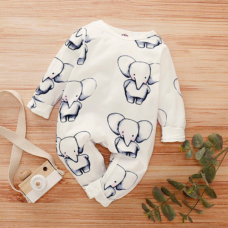 PatPat Spring and Autumn Cute Allover Elephant Long-sleeve Jumpsuit in White for Baby Buy Clothes: 9 to 12 Months