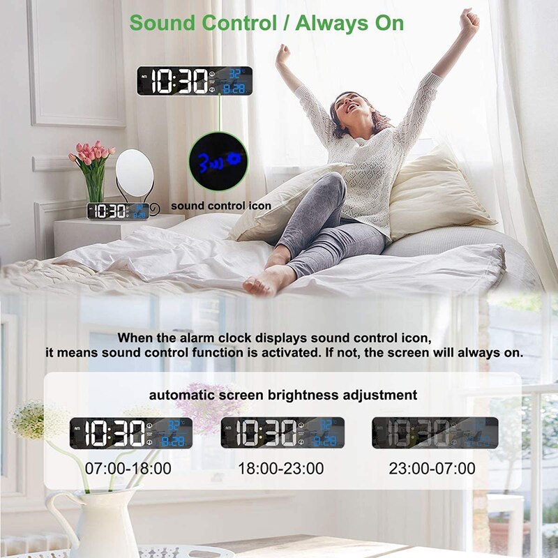 MICLOCK Wireless 10.4 inch Alarm Clock Rechargeable Large LED Wall Digital Clocks 40 Ringtones Sound-Activated Date Temp Display