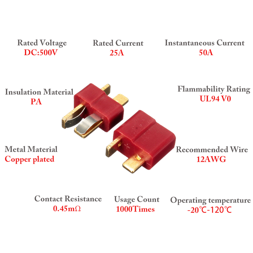 20pcs/lot T Plug Deans Connectors Male & Female DC 500V 25-50A For RC Hobby Helicopter Lipo Battery DIY Accessories