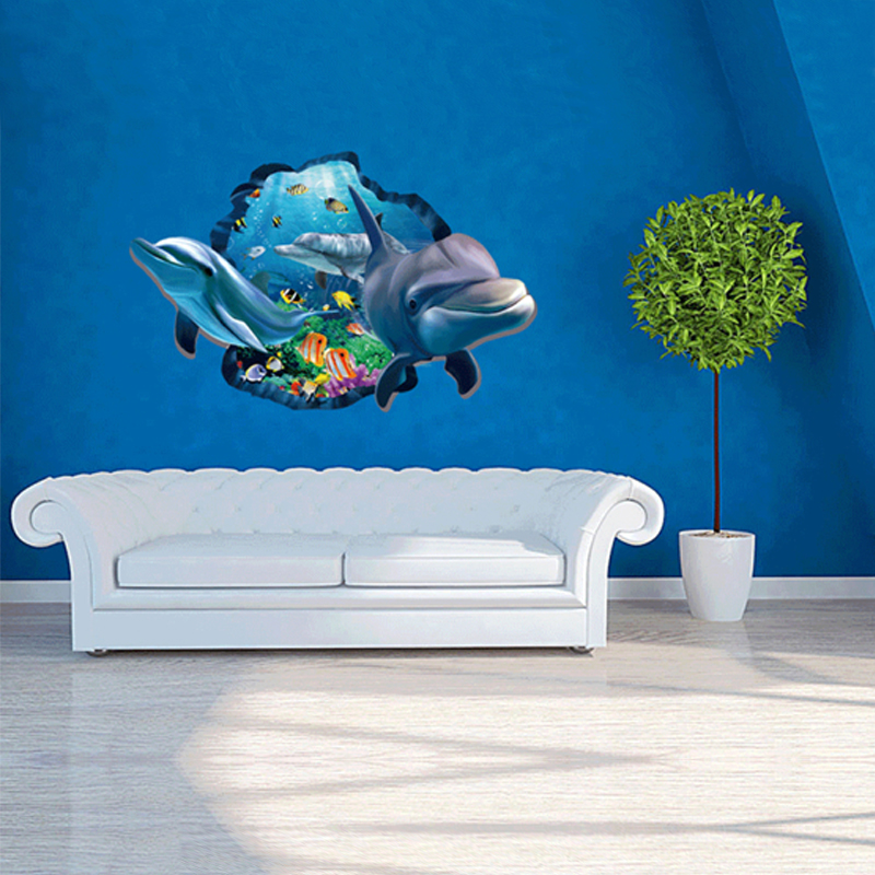 DIY Dolphin Wall Stickers 3D Look Underwater World Fish Wall Decals Baby Nursery Kids Bedroom Bathroom Decoration Wall Sticker