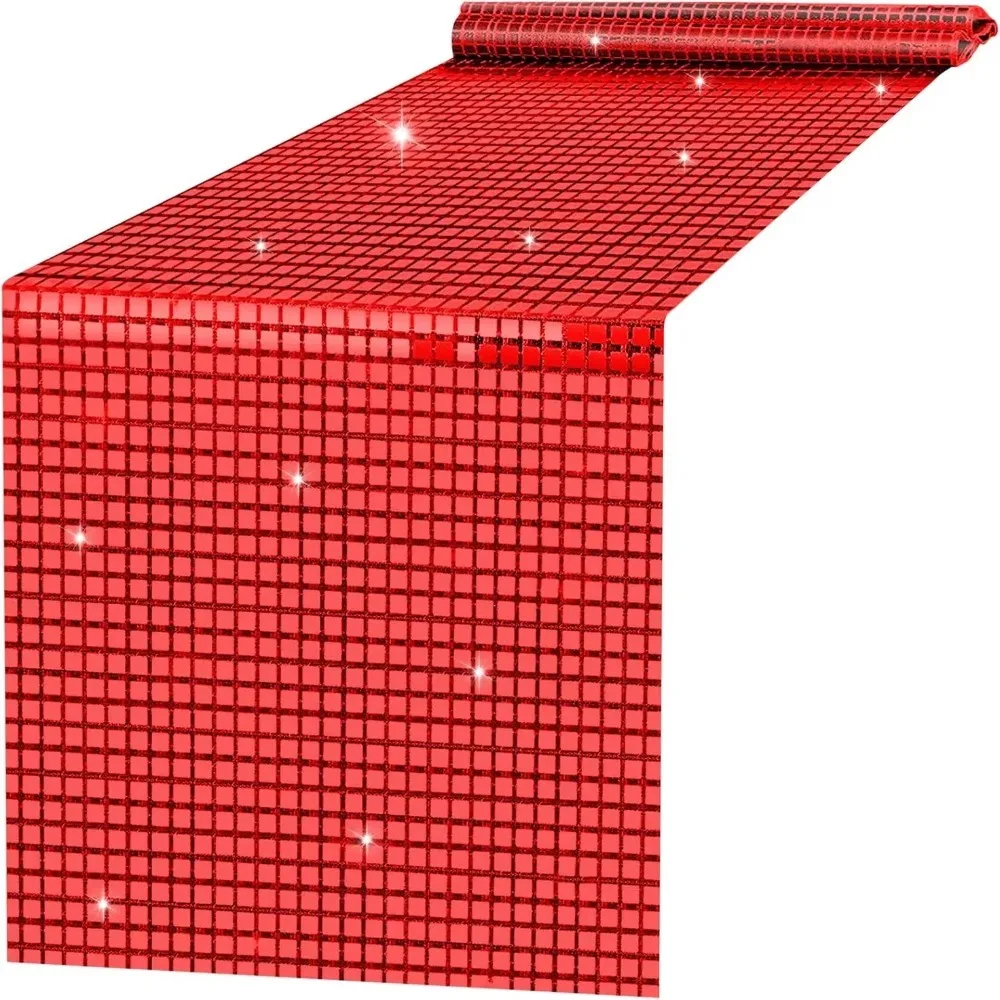 Unik glitter disco bordlöpare spegel paljettduk europeisk stil bordsduk födelsedag: Vinröd