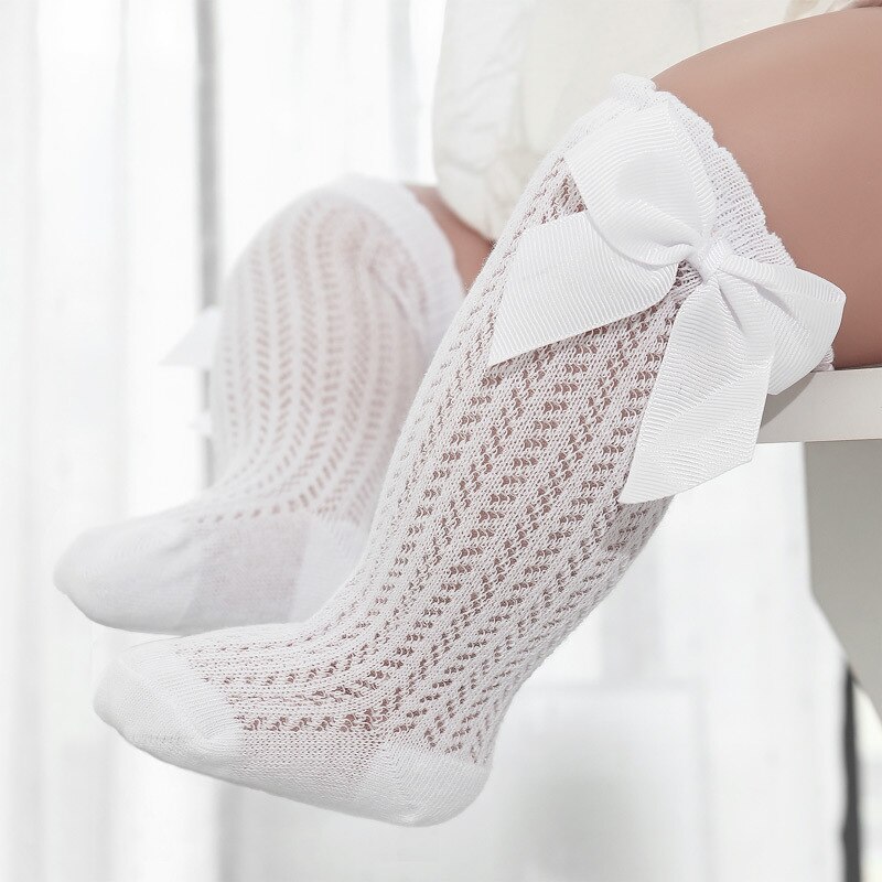 2022 Summer Baby Girls Socks Cute Big Bows Soft Cotton Elastic Solid Color Mesh Newborn Socks Knee High Long Toddler Girl Socks