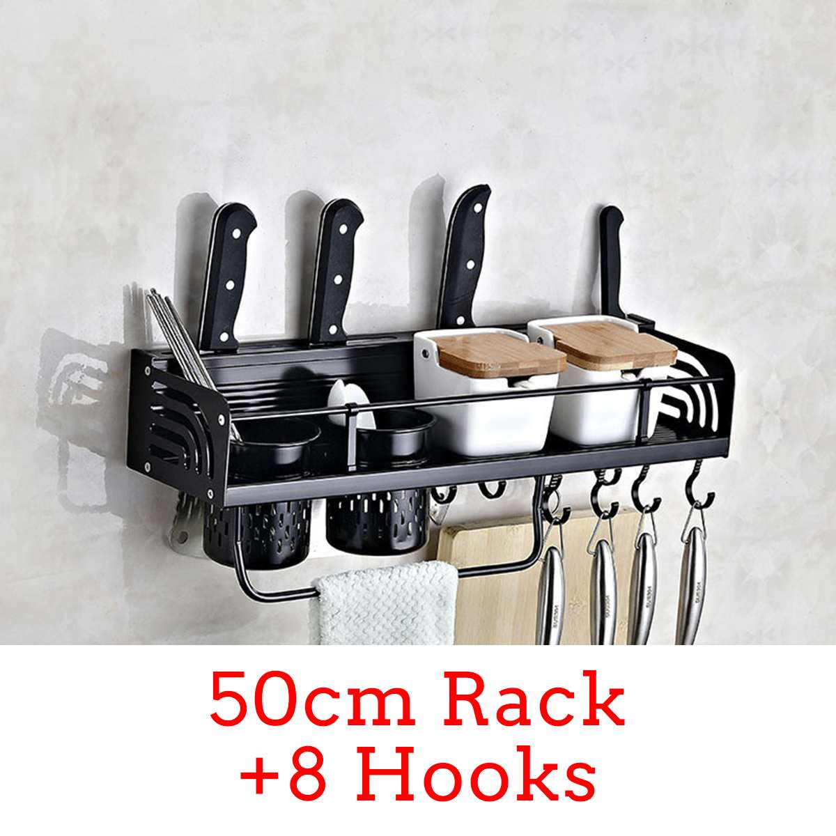 Wall-Mount Spice Racks Aluminum Kitchen Organizer Storage Shelves Utensil Spoon Hanger Hook Kitchen Gadgets Accessories Supplies: 50cm Rack 8 Hooks