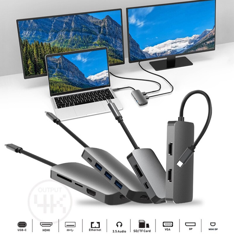 in Lega di alluminio USB-C Esterno Multi-Immagine Dello Schermo Carta di USB 3.1 attracco stazione doppio 2 HDMI VGA centro Multi-schermo diviso-schermo Disp
