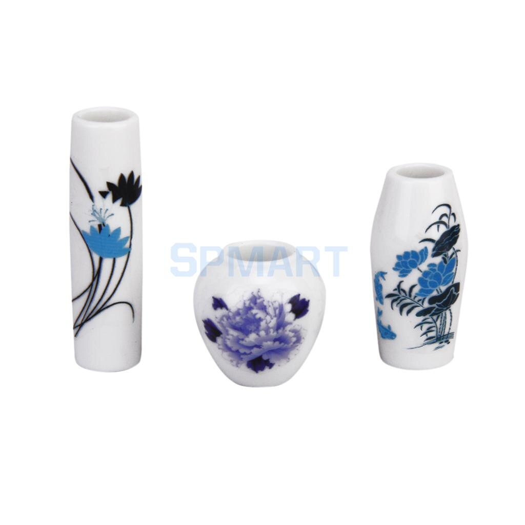 3pcs Doll House Miniature Plastic Flower Vase with Blue Painted Floral