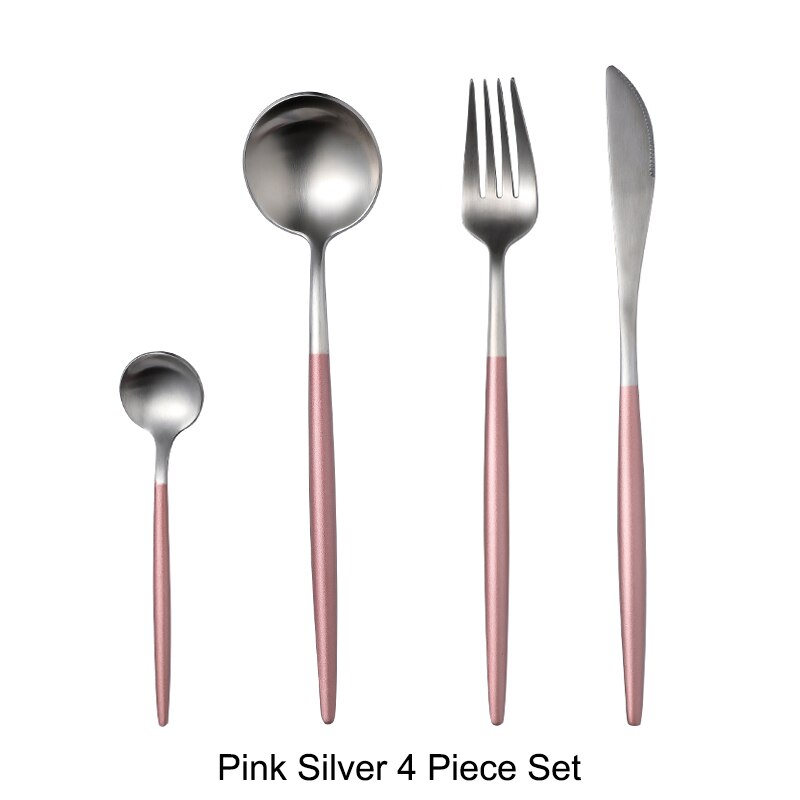 304 roestvrijstalen gouden besteksets, dinervork, mes, lepel, eetstokjes, serviesset, zilverwerk, servies: Roze zilver