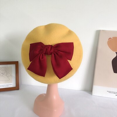 Béret en laine avec nœud papillon pour femme, chapeau avec motif de biscuits, de couleur unie, idéal pour l&#39;automne et l&#39;hiver: 011