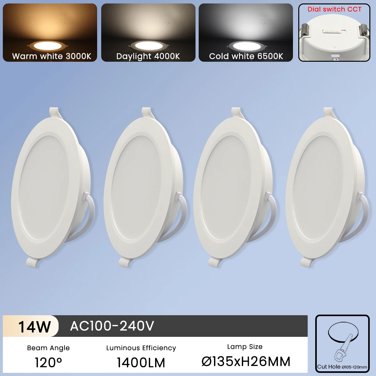 4 stuks draaischakelaar cct led downlight 100-240v 3000k 4000k 6500k plafondlamp 6w-24w inbouw ronde paneellamp binnenverlichting: Veranderlijk