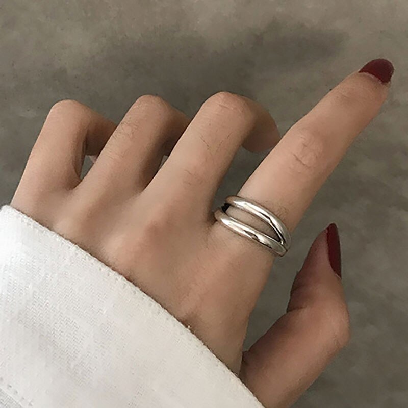 Foxanry INS 925 Sterling Silver Rings for Women Trendy Simple Double-layered Geometric Wedding Bride Jewelry