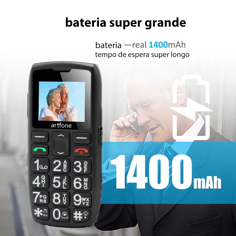 Botão grande telefone móvel para idosos, artfone c1 + sim duplo desbloqueado, 1400mah bateria, desbloqueado telefone móvel sênior com sos emerg