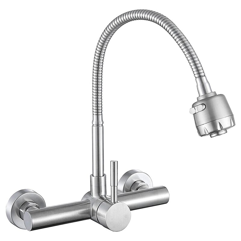 Wall Mount Kitchen Faucet 8 Inch Center ,With Dual Function Flexible Sprayer,Mixer Stainless Steel Constructed Bar Tap: Default Title