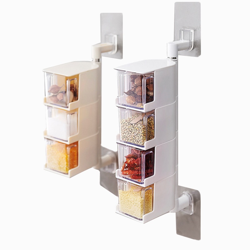 Wandhanger met kruidendoos, plastic kruidendoos voor in de keuken, rechthoekige kruidenblikken met deksel, peperkruidendoos voor in de keuken