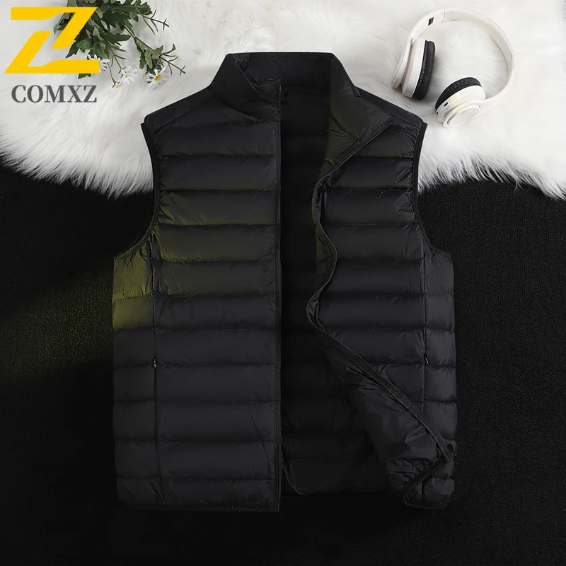 ​ ​ Heren effen donsvest witte eendenveren sport winter casual jas lichtgewicht warme mouwloze jas met standaard colla