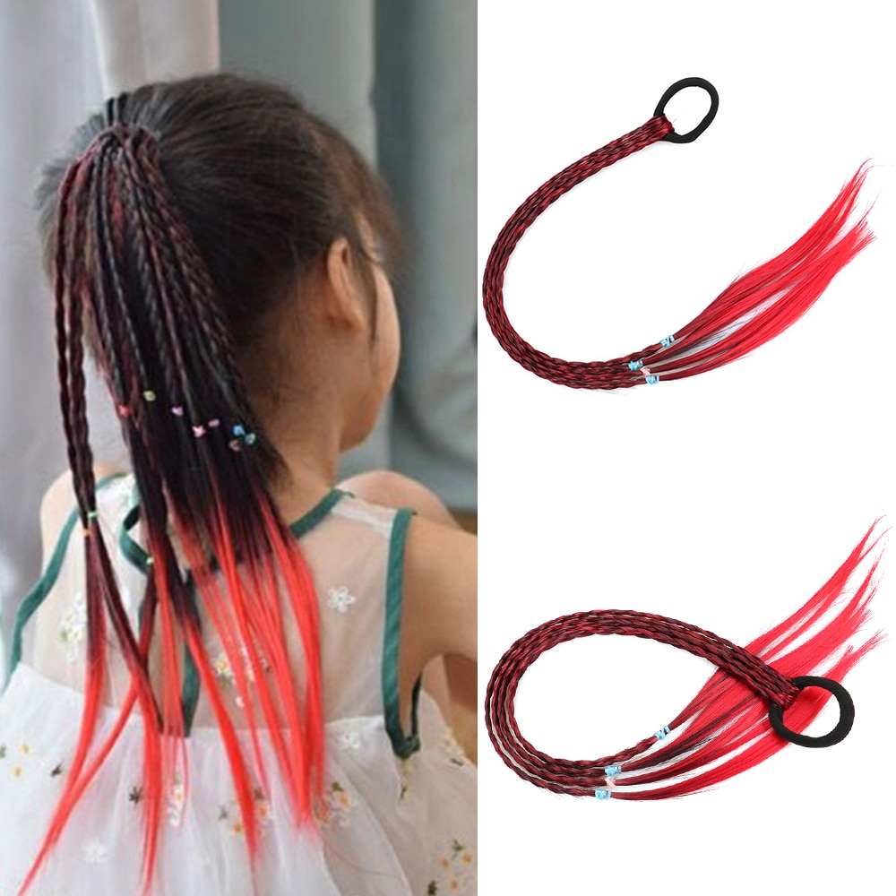 Rubber Bands With Pigtails Rainbow Color Overhead Tail Kanekalon Box Braids Ponytail Hair Extensions With Elastic Band For Girls